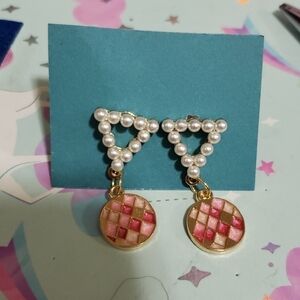 Faux pearl triangle studs with pink and gold charm